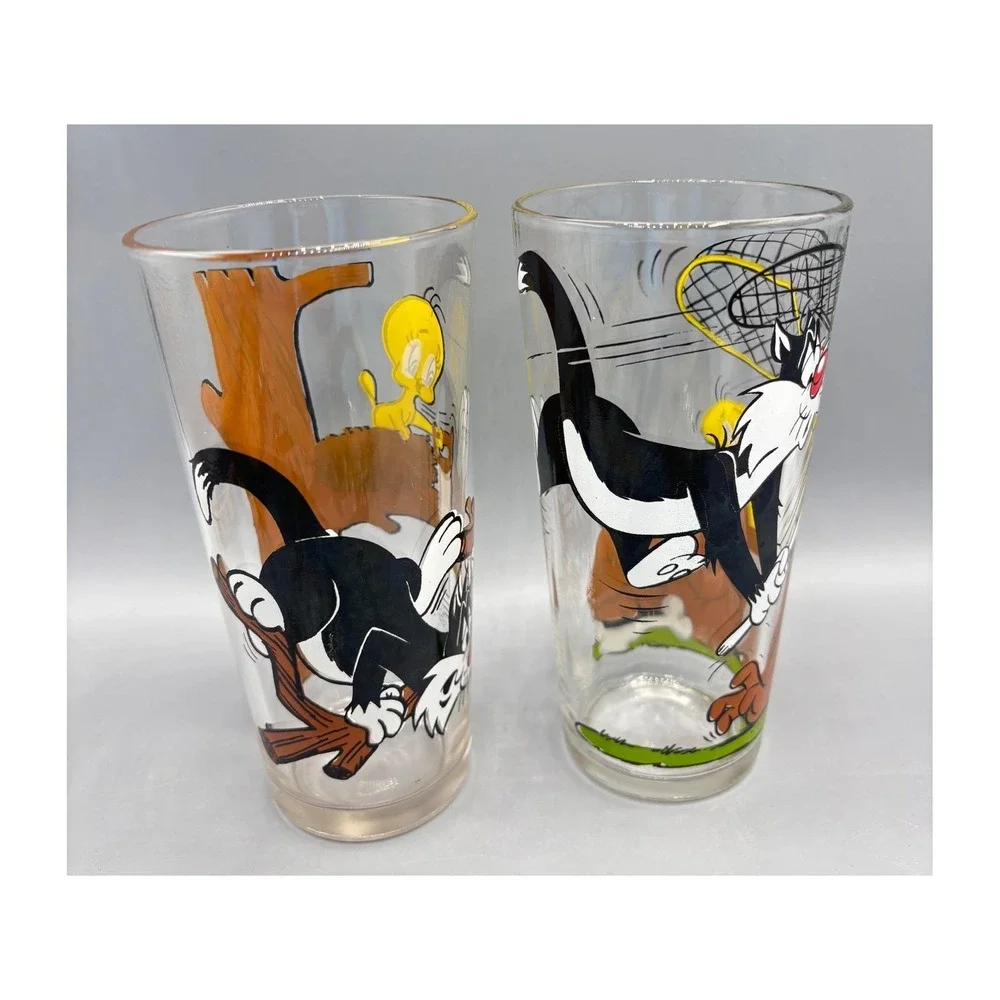 Vintage 1970s Pepsi Collector Series Looney Tunes Sylvester Tweety Glasses Set 2